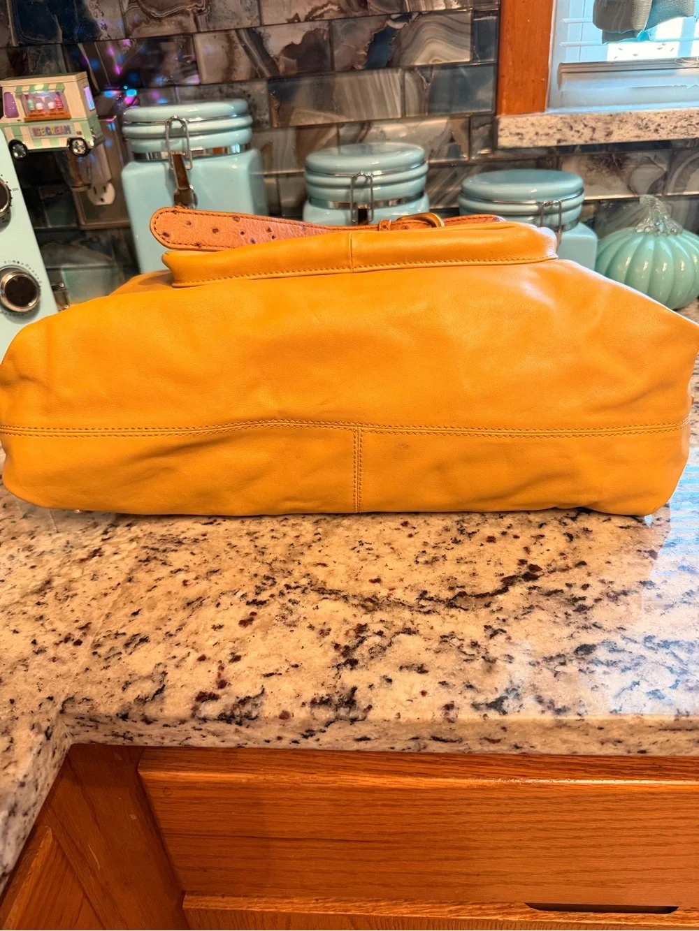 Donald J Pliner Mustard Yellow Leather Messenger Bag with Detachable Strap